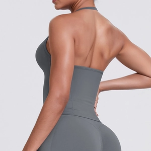 Rear view of deep gray halter sports bra and leggings set showing ergonomic back design