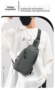 Deep green waterproof crossbody chest bag for men with USB charging port shown on model