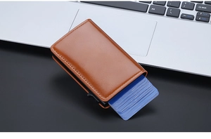 Brown oil wax leather card holder with automatic RFID pop-up aluminum credit card case