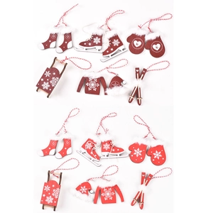 12pcs red and white wooden Christmas ornaments set with gloves, skates and sled patterns
