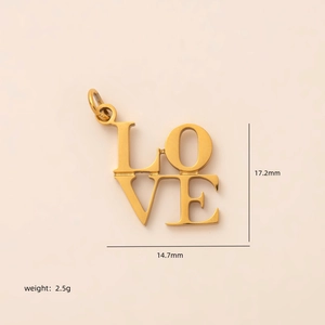 Gold stainless steel LOVE letter pendant charm with size and weight measurements