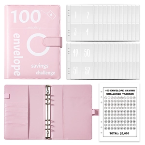 Pink A5 PU leather 100 envelope savings challenge binder with tracker cards