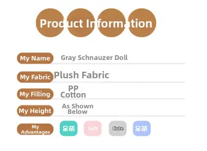 Specifications of grey Schnauzer plush toy featuring soft fabric and premium PP cotton filling