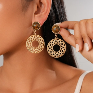 Vintage Hollow Round Drop Earrings With Tiger Eye Stone Geometric Alloy Jewelry For Women Silver Earring Post