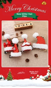 Detail of sequined Christmas hair clips with plush trim and festive holiday icons
