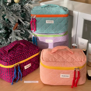 Quilted Cotton Checkered Makeup Bag Contrast Color Travel Cosmetic Pouch Portable Handheld Storage Case For Women
