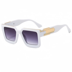 Modern white square frame sunglasses with gold metal accents and purple gradient lenses