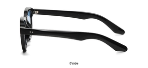Seitenansicht der runden Retro-Sonnenbrille mit glänzend schwarzen Rahmen und blauen Gläsern