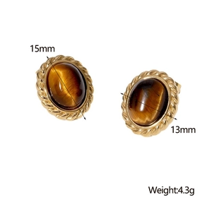 Detailed view of 18K gold plated tiger eye stud earrings with size and weight specs