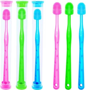Three-color silicone pet toothbrushes with portable storage tubes for small dogs and cats
