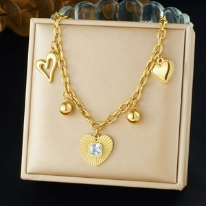 Collier Pendentif Cœur Acier Inoxydable Plaqué Or Chic Zircone Pierre Carrée Breloques Perles Rondes Bijoux Femmes
