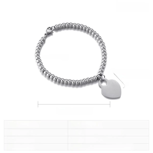 Macro view of stainless steel beaded bracelet with detailed heart pendant dimensions