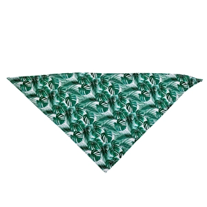 Detail of tropical green palm leaf print on cotton triangle pet bandana with clean stitching