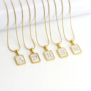 Pendant Necklace Stainless Steel 18K Gold Plated White Shell Rectangular Hollow Letter Initial Snake Chain Jewelry For Women
