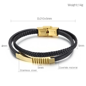 Detail view of 210mm double-layer leather bracelet with gold magnetic clasp and 14g weight