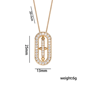 Rose gold necklace with oval diamond-set cross pendant and precise measurement details
