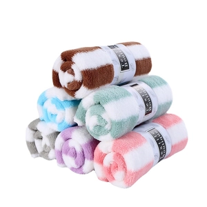 Absorbent coral fleece striped towel set in assorted colors with boutique packaging