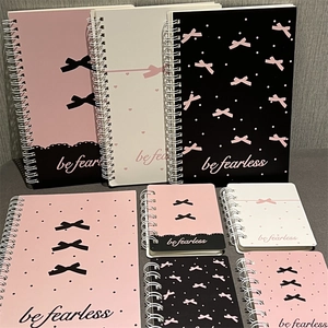 Pink bow A5 spiral notebooks with be fearless text in black, white and pink colors