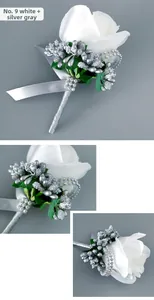 Detail view of white artificial rose boutonniere with silver berries and rhinestone ribbon