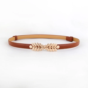 Brown slim leather belt with golden leaf buckle for dresses, studio shot on white