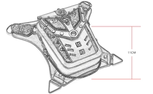 Line drawing of a punk skull waist bag showing 11cm height dimensions and rivet details