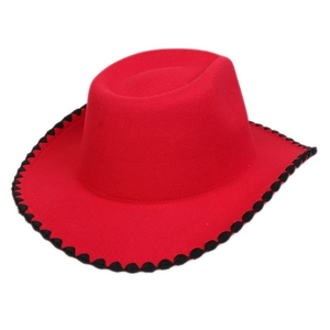 Detail of red wool felt cowboy hat featuring black wavy stitched edge and curved wide brim