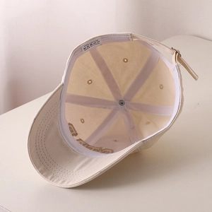 Macro view of kids cotton baseball cap interior featuring stitching and metal buckle