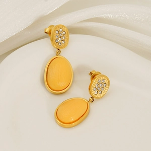 Vintage 18K gold plated geometric oval earrings with yellow stones and white rhinestones