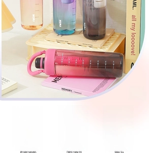 Close-up of 1000ml gradient water bottle showing scale marks and built-in tea strainer
