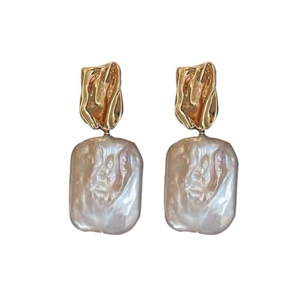 Baroque rectangle freshwater pearl stud earrings with textured gold-tone metal hardware