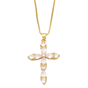 Gold-tone cross necklace with teardrop-shaped colorful cubic zirconia on white background