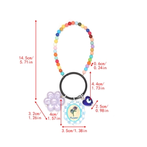 Detailed size chart of colorful Evil Eye keychain with flower charms and dimensions