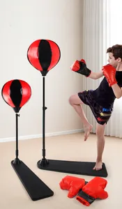 Detail of adjustable kids boxing speed ball set with non-slip pedal base and gloves
