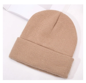Close-up of khaki knitted beanie texture and soft vertical elastic cuffed design