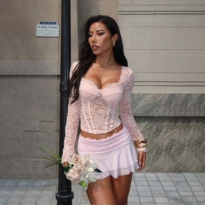 Lace Corset Long Sleeve Top And Ruffle Mesh Mini Skirt Slim Fit Sexy Streetwear For Women