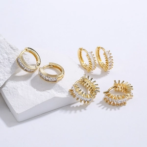 Women Gold Plated Copper Hoop Earrings Cubic Zirconia Baguette Square Cut Geometric Huggie Jewelry Elegant