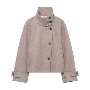 Women Short Woolen Jacket High Stand Collar Solid Color Button Down Elegant Autumn Winter Outerwear