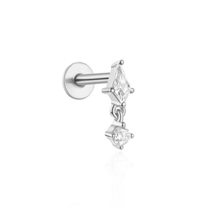 Detailed view of sterling silver flat back stud with kite-shaped and round tassel crystals