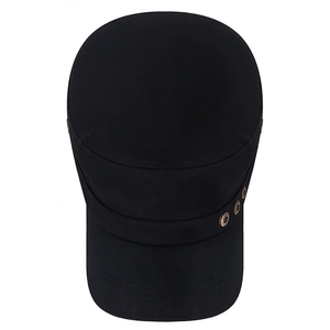 Classic black cotton military cadet hat with bronze side buttons and breathable vents