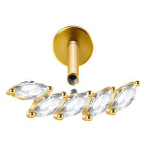 Piercing lèvre en acier doré avec 5 zircons marquise et filetage interne précis
