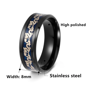 8mm polished stainless steel dragon pattern ring with blue carbon fiber inlay