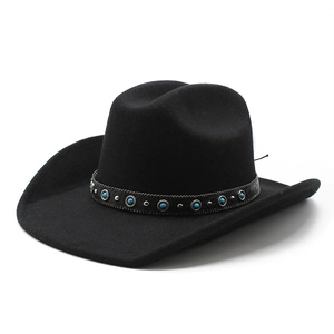 Classic black felt cowboy hat with leather band featuring turquoise and silver studs