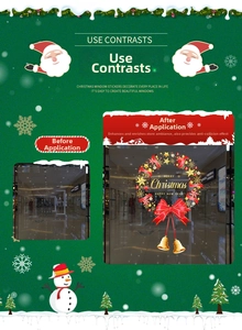 Detail of Christmas wreath window decal featuring red bow, gold bells and Merry Christmas text
