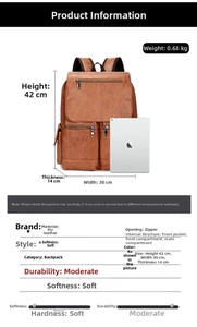 Detail view of vintage brown PU leather backpack with dimensions 42x30x14cm and compartments