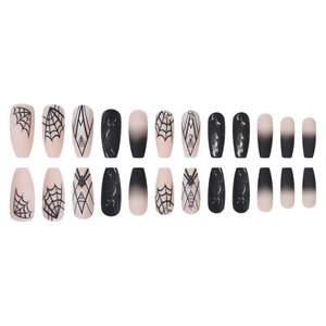 Halloween spider web press on nails with long coffin shape and black marble design