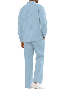 Rear view of men's casual long sleeve polo set in light blue textured jacquard fabric