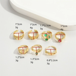 Set of 7 gold minimalist rings with colorful zircon gemstones and size measurements