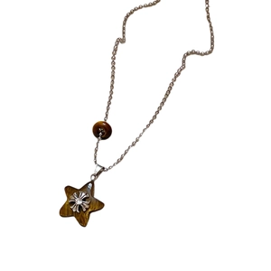 Star-shaped tiger eye pendant necklace with silver cross and crystal on metal bead chain