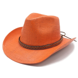 Orange straw cowboy hat with wide brim and leather decorative band for sun protection