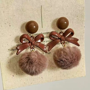 Bowknot Plush Fur Ball Drop Earrings With 925 Sterling Silver Earring Post Autumn Winter Retro Elegant Niche For Women